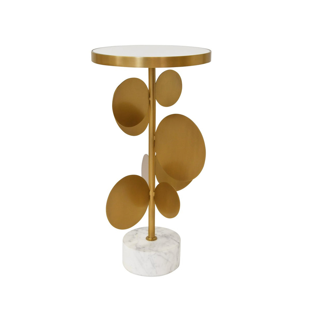 Cassius - Round Brass Side Table Featuring Base With Array Of Antique Brass Discs, White Marble Base, And Inset Mirror