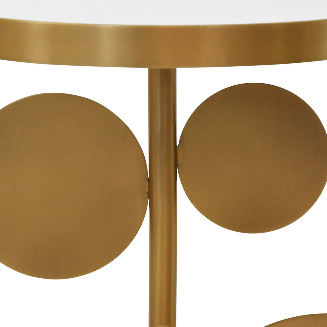 Cassius - Round Brass Side Table Featuring Base With Array Of Antique Brass Discs, White Marble Base, And Inset Mirror