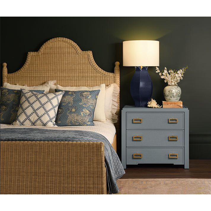Side Tables Three Drawer Side Table With Matte Light Blue Frame And Light Blue Grasscloth Drawer Fronts