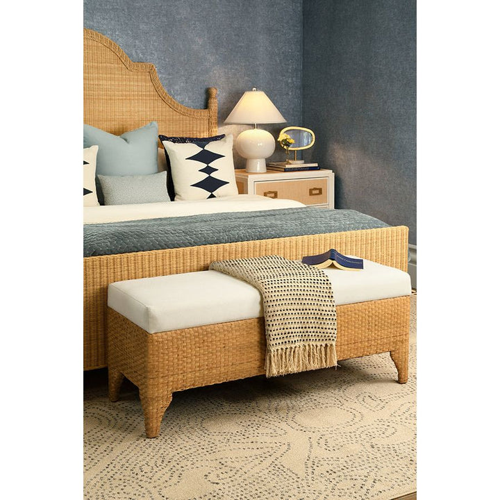 Bench In Woven Water Hyacinth With Performance Ivory Linen Fabric