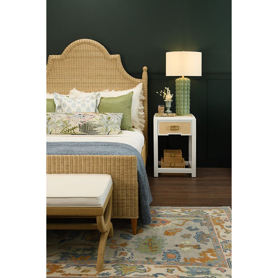 One Drawer Side Table With Matte White Lacquer Frame And Natural Grasscloth Drawer Fronts