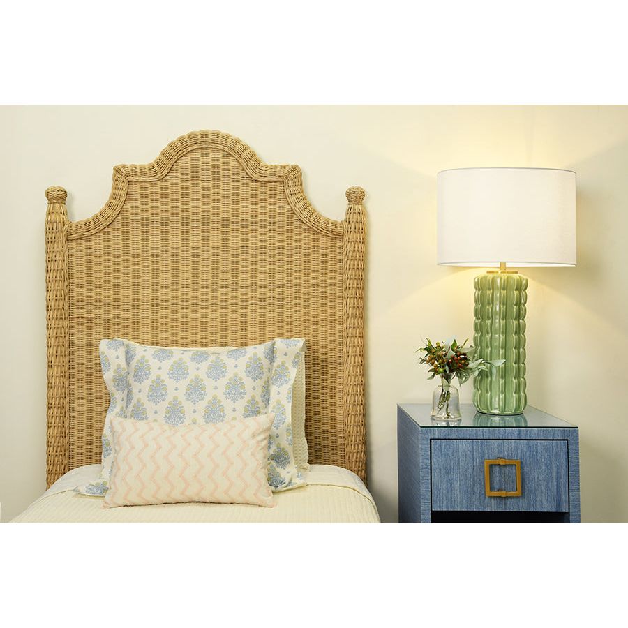 One Drawer Side Table With Large Brass Square Hardware In Blue Dyed Grasscloth With Glass Top