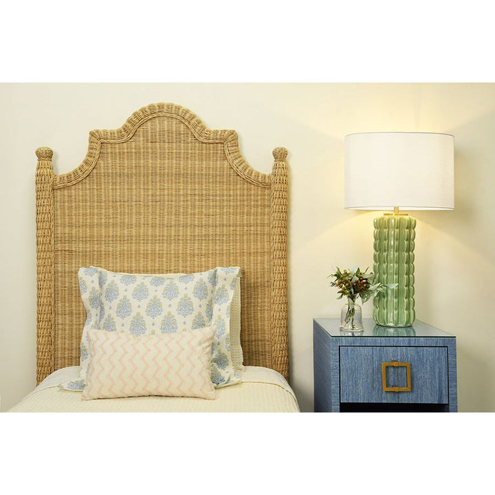 One Drawer Side Table With Large Brass Square Hardware In Blue Dyed Grasscloth With Glass Top