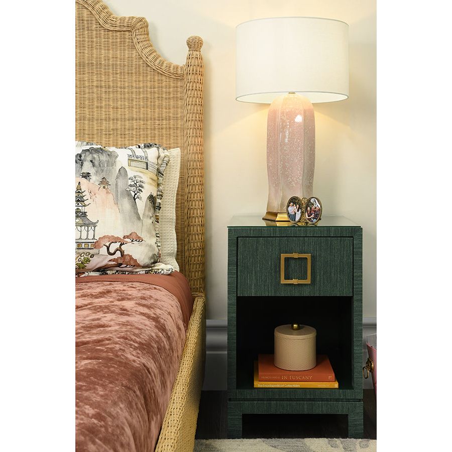 One Drawer Side Table With Large Brass Square Hardware In Green Dyed Grasscloth With Glass Top