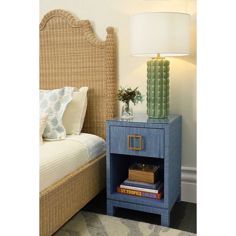 One Drawer Side Table With Large Brass Square Hardware In Blue Dyed Grasscloth With Glass Top