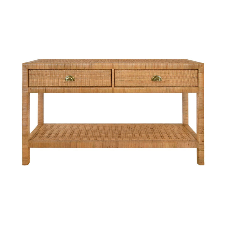 Ciara - Two Drawer Console In Natural Rattan With Brushed Brass Cup Pulls