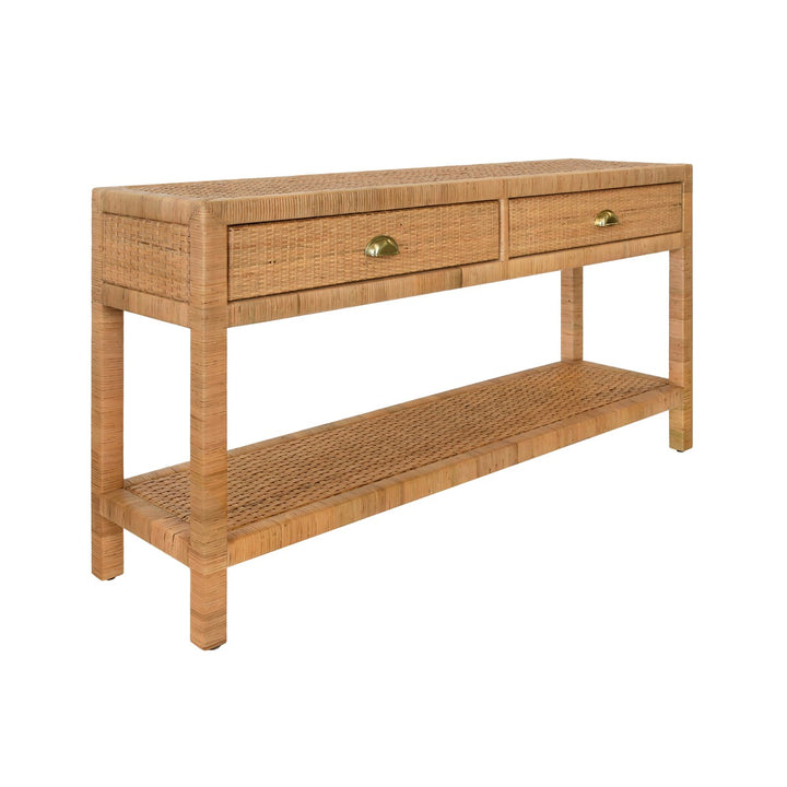 Ciara - Two Drawer Console In Natural Rattan With Brushed Brass Cup Pulls