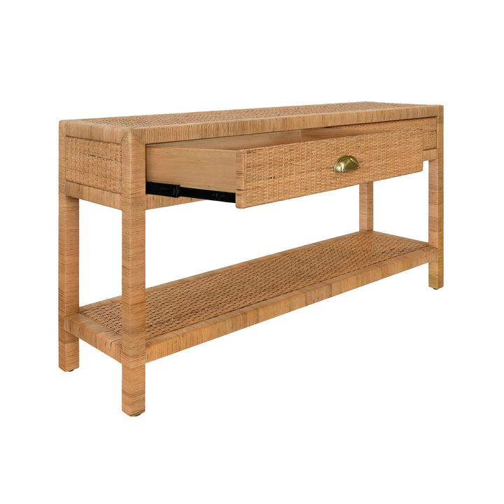 Ciara - Two Drawer Console In Natural Rattan With Brushed Brass Cup Pulls