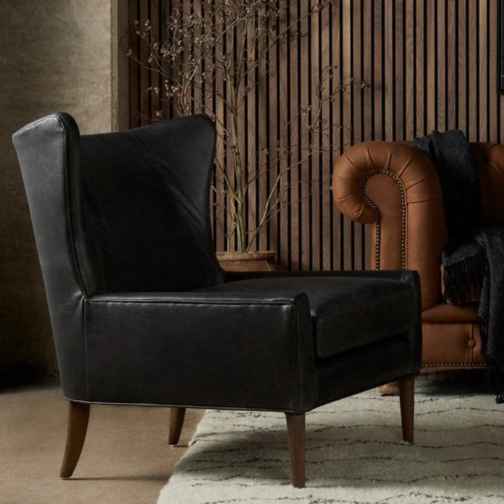Marlow Wing Chair - Leather-Four Hands-FH-CKEN-B7A2-385-Lounge ChairsVintage Black Leather-3-France and Son