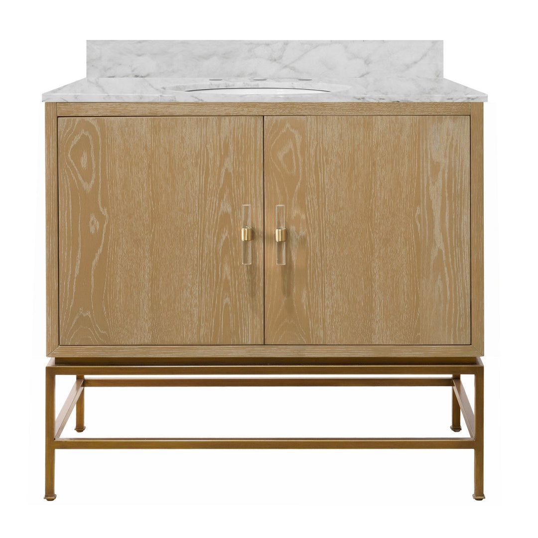 Clifford - Bath Vanity In Cerused Oak And Antique Brass With White Marble Top And Porcelain Sink With Lucite And Antique Brass Pulls