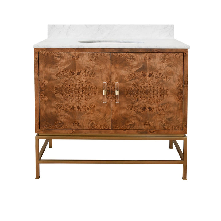 Clifford - Bath Vanity In Matte Dark Burl Wood And Antique Brass With White Marble Top And Porcelain Sink