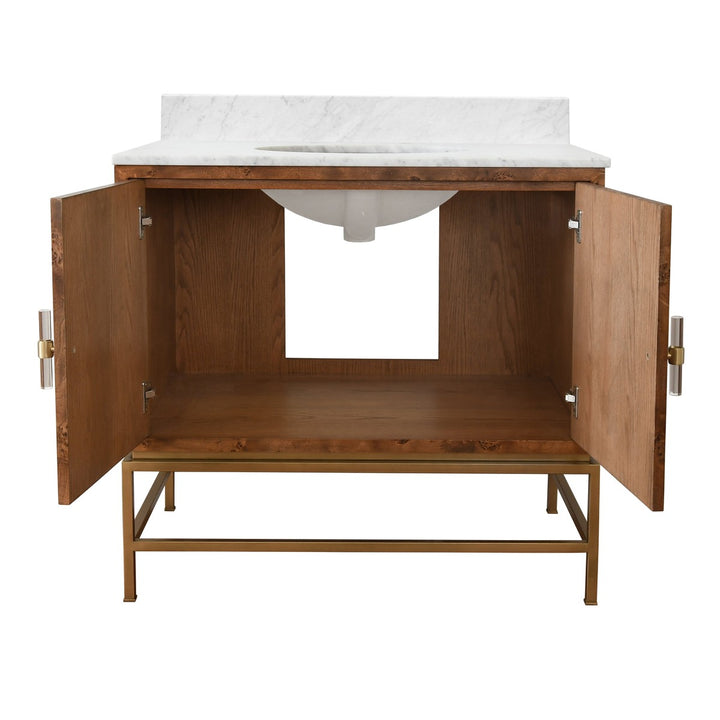 Clifford - Bath Vanity In Matte Dark Burl Wood And Antique Brass With White Marble Top And Porcelain Sink