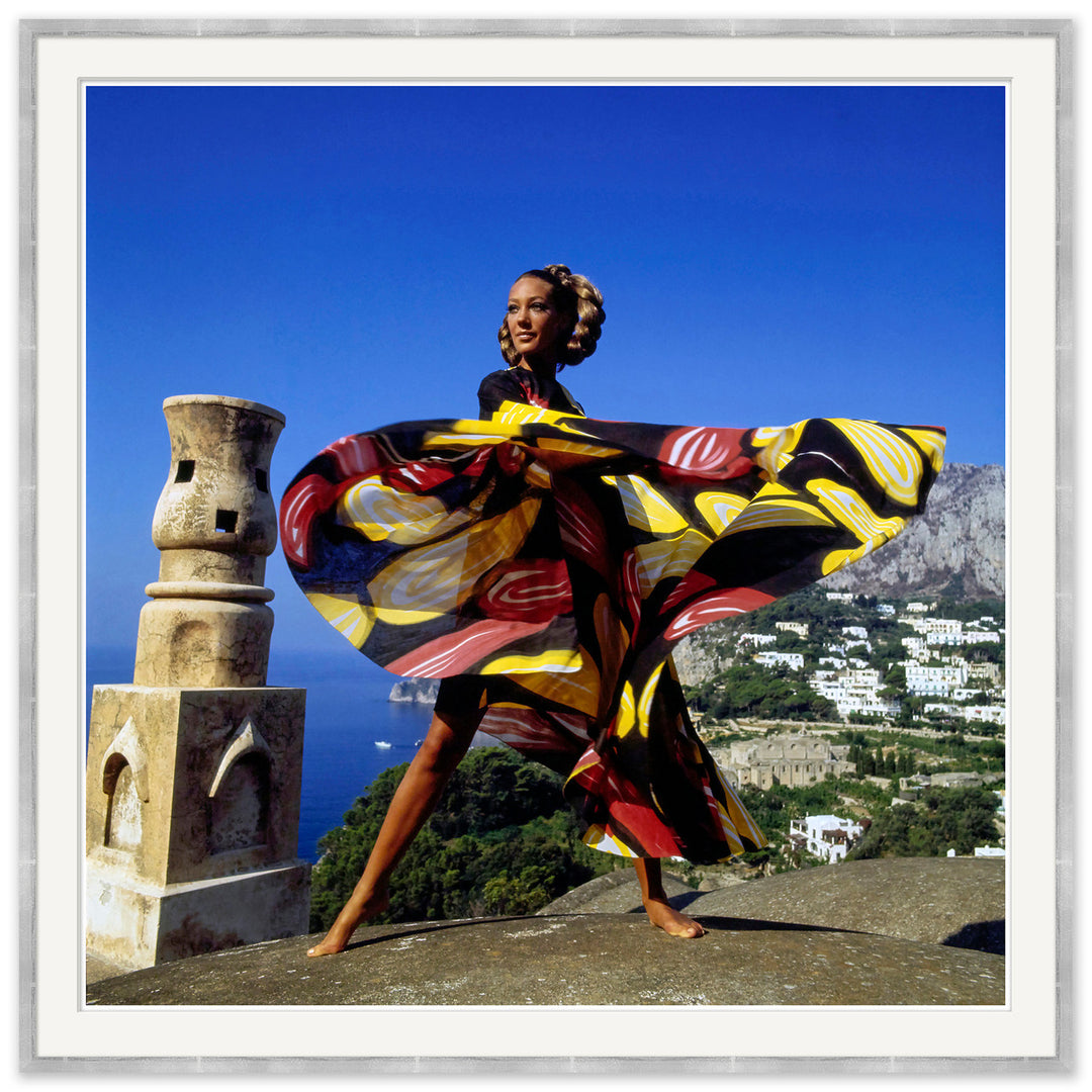 Vogue Magazine, "Marisa Berenson Standing on Concrete Dome Roof", Arnaud de Rosnay, January 1968 by Soicher Marin