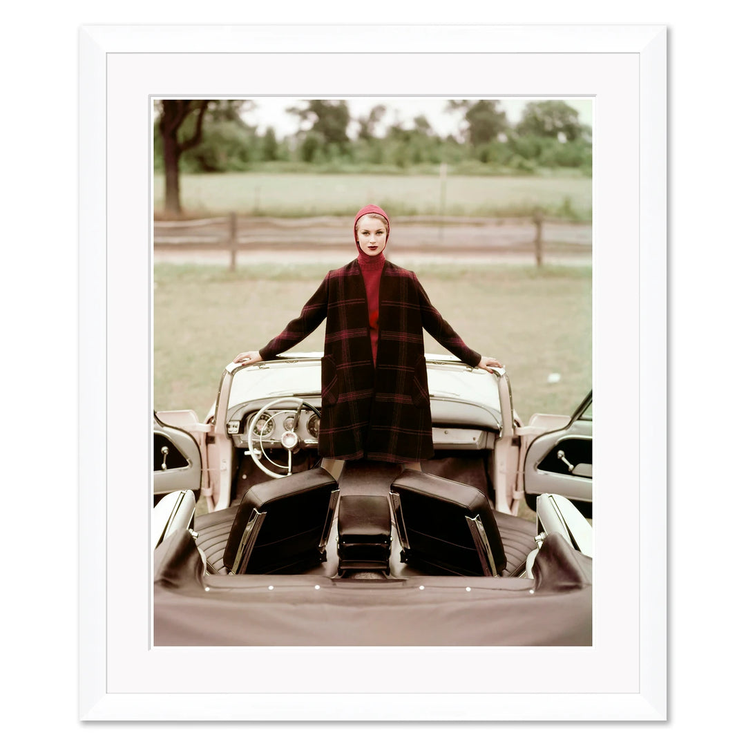 Vogue Magazine, "Model Standing in 1959 Chrysler Convertible", John Rawlings, October 15, 1958 by Soicher Marin
