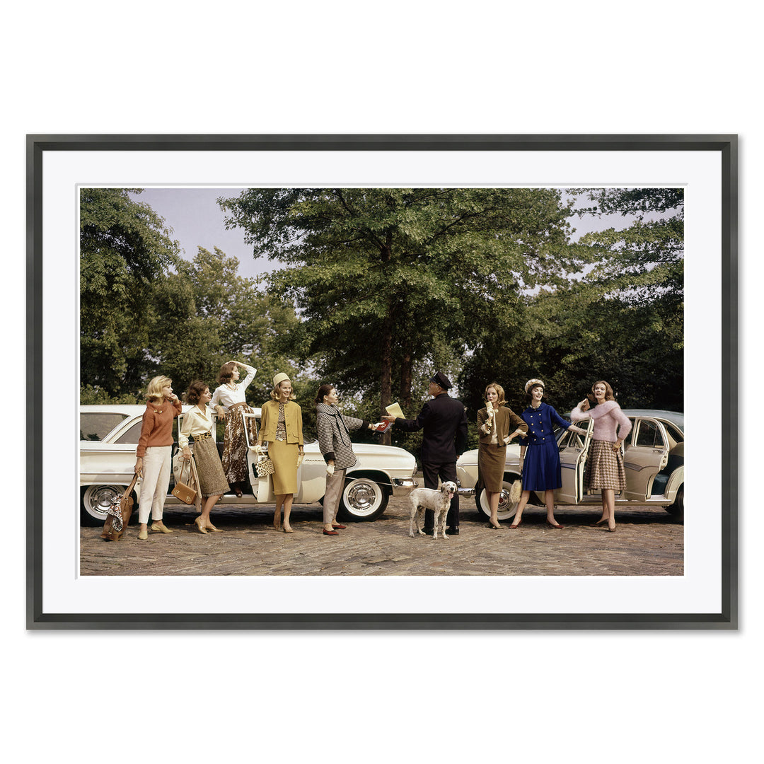 Glamour, "Group of Models Posing in Front of Cars", Frances McLaughlin-Gill, October 1, 1960 by Soicher Marin