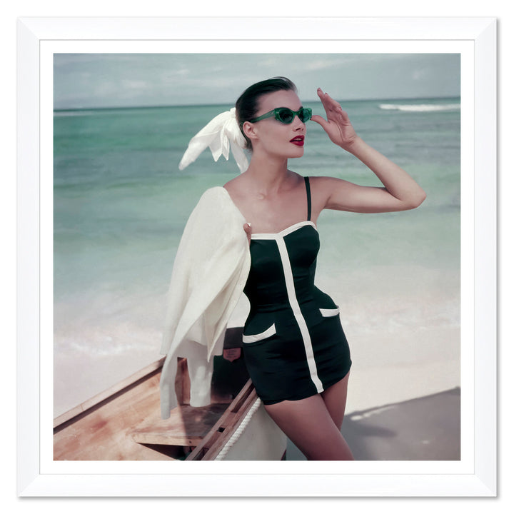 Vogue Magazine, "Model at the Beach with Cat-Eye Sunglasses," Roger Prigent, May 1, 1955 by Soicher Marin