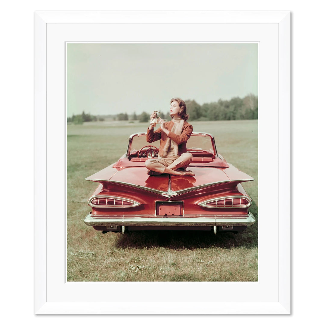 Vogue Magazine, "Sitting on a Chevrolet Convertible," John Rawlings, November 1, 1958 by Soicher Marin