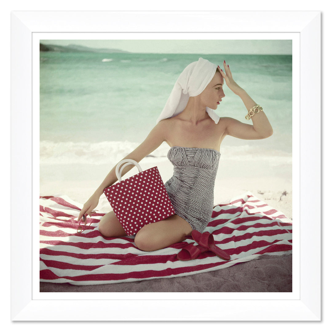 Vogue Magazine, "Model with a Polka Dot Bag on the Beach," Roger Prigent, May 1, 1954 by Soicher Marin