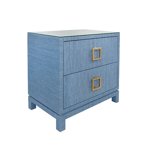 Side Tables Two Drawer Side Table With Large Satin Brass Square Hardware In Blue Dyed Grasscloth With Glass Top