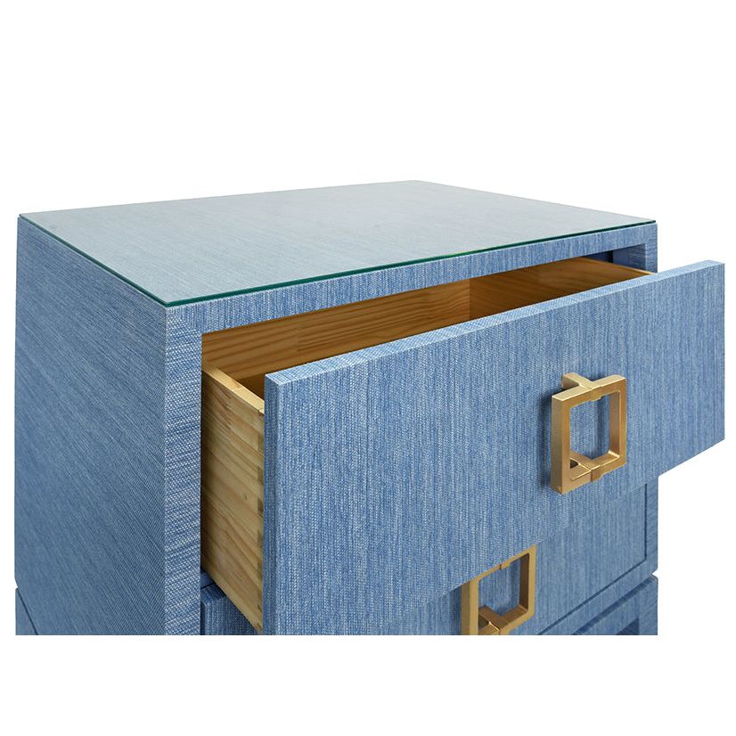 Two Drawer Side Table With Large Satin Brass Square Hardware In Blue Dyed Grasscloth With Glass Top