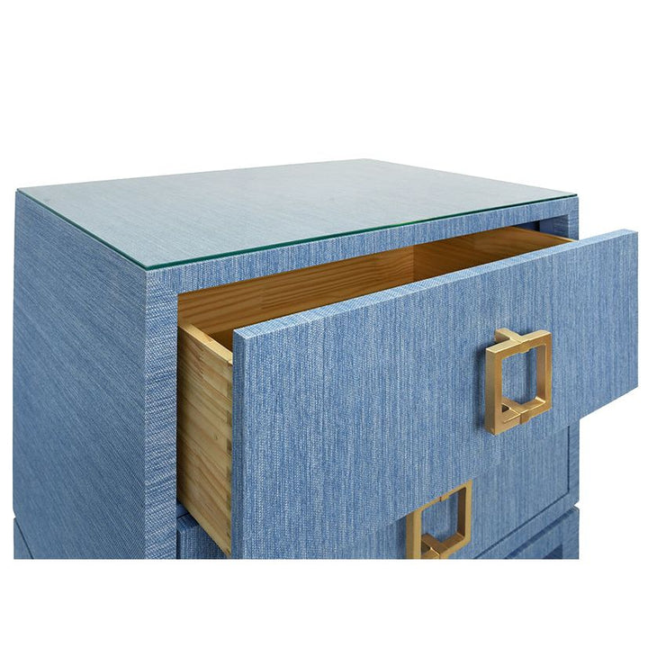 Two Drawer Side Table With Large Satin Brass Square Hardware In Blue Dyed Grasscloth With Glass Top