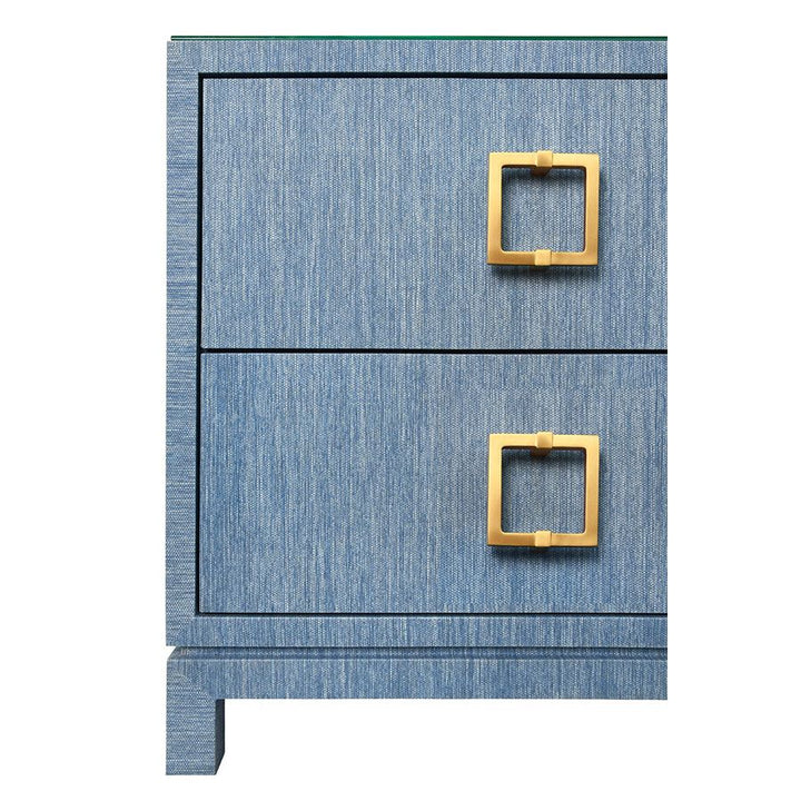 Two Drawer Side Table With Large Satin Brass Square Hardware In Blue Dyed Grasscloth With Glass Top