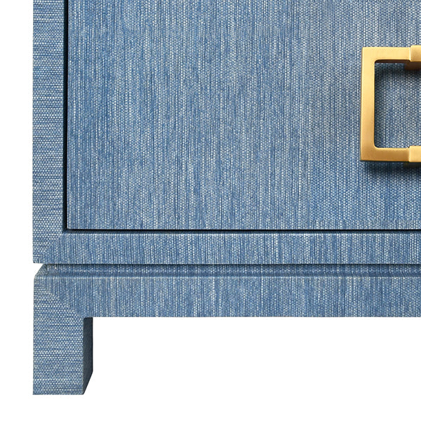 Side Tables Two Drawer Side Table With Large Satin Brass Square Hardware In Blue Dyed Grasscloth With Glass Top