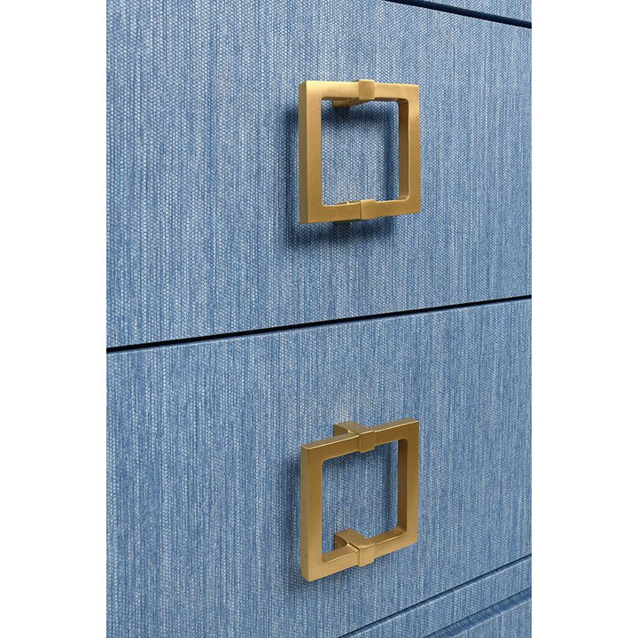 Two Drawer Side Table With Large Satin Brass Square Hardware In Blue Dyed Grasscloth With Glass Top