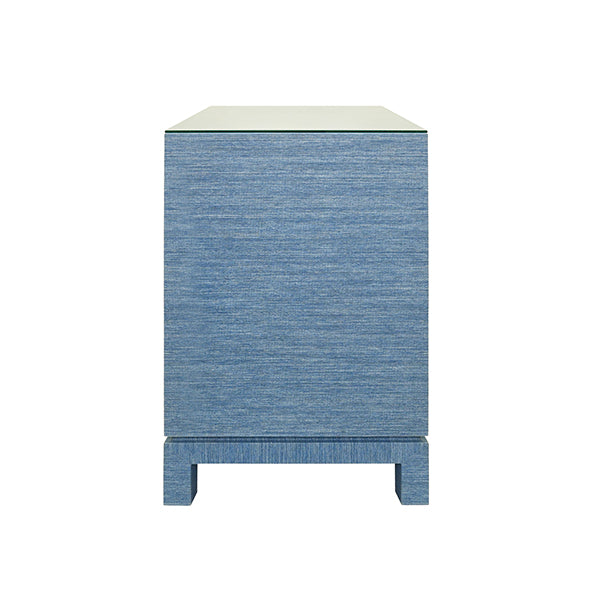 Side Tables Two Drawer Side Table With Large Satin Brass Square Hardware In Blue Dyed Grasscloth With Glass Top