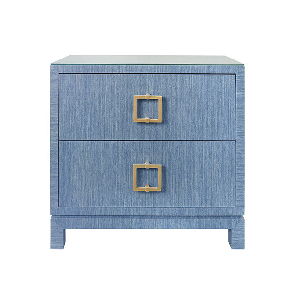 Side Tables Two Drawer Side Table With Large Satin Brass Square Hardware In Blue Dyed Grasscloth With Glass Top