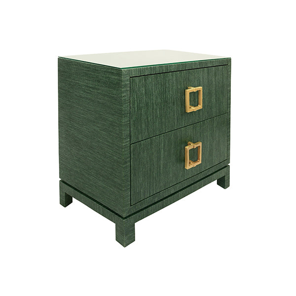 Side Tables Two Drawer Side Table With Large Satin Brass Square Hardware In Green Dyed Grasscloth With Glass Top