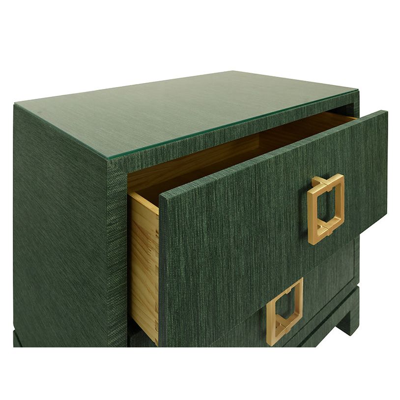 Side Tables Two Drawer Side Table With Large Satin Brass Square Hardware In Green Dyed Grasscloth With Glass Top