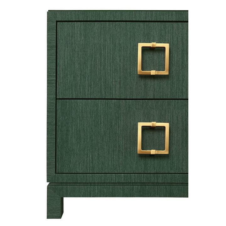 Two Drawer Side Table With Large Satin Brass Square Hardware In Green Dyed Grasscloth With Glass Top