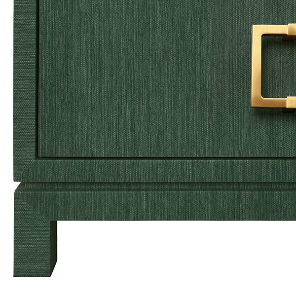 Side Tables Two Drawer Side Table With Large Satin Brass Square Hardware In Green Dyed Grasscloth With Glass Top
