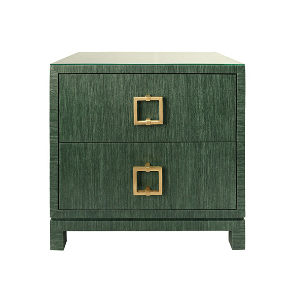 Side Tables Two Drawer Side Table With Large Satin Brass Square Hardware In Green Dyed Grasscloth With Glass Top