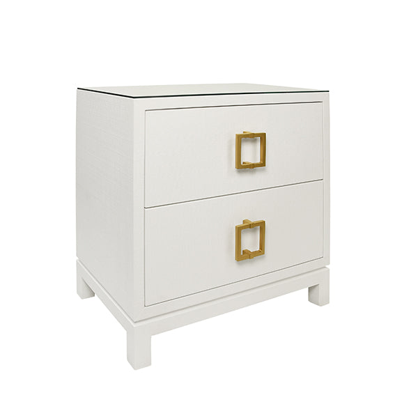 Side Tables Two Drawer Side Table With Large Satin Brass Square Hardware In White Textured Linen With Glass Top