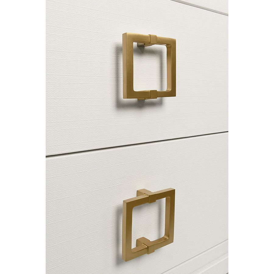 Side Tables Two Drawer Side Table With Large Satin Brass Square Hardware In White Textured Linen With Glass Top