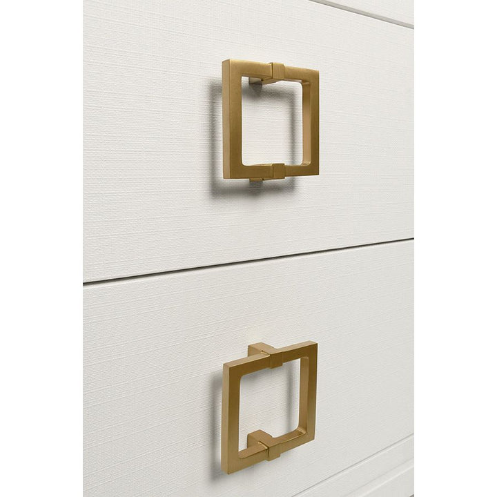 Side Tables Two Drawer Side Table With Large Satin Brass Square Hardware In White Textured Linen With Glass Top