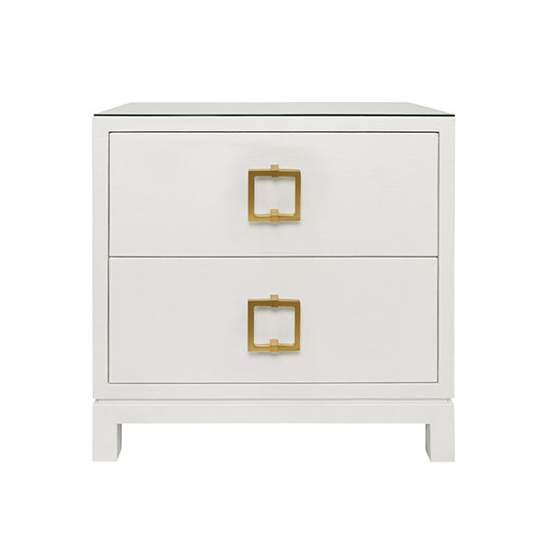 Side Tables Two Drawer Side Table With Large Satin Brass Square Hardware In White Textured Linen With Glass Top