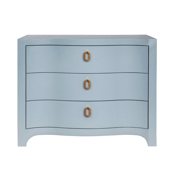 Cora - Curved Front Chest With Three Drawers In White Light Blue Textured Linen With Satin Brass Ring Hardware