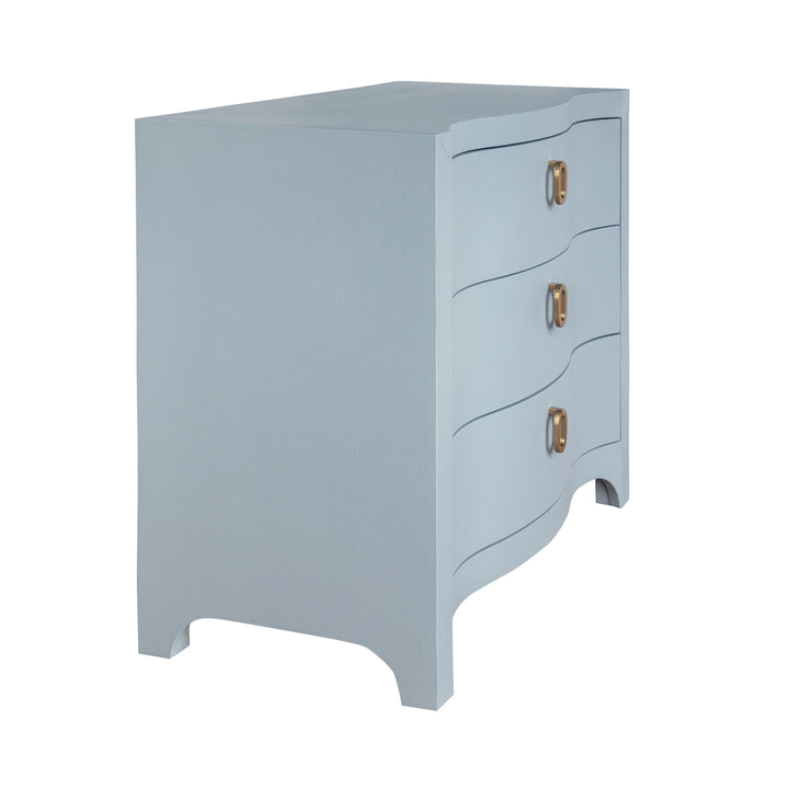 Cora - Curved Front Chest With Three Drawers In White Light Blue Textured Linen With Satin Brass Ring Hardware