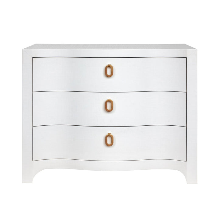 Cora - Curved Front Chest With Three Drawers In White Textured Linen With Satin Brass Ring Hardware