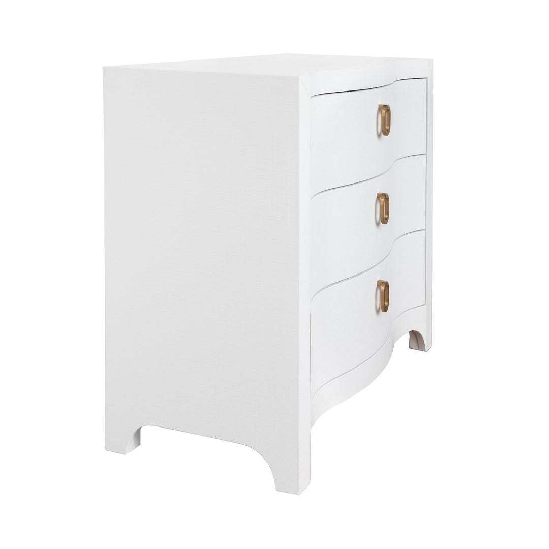 Cora - Curved Front Chest With Three Drawers In White Textured Linen With Satin Brass Ring Hardware