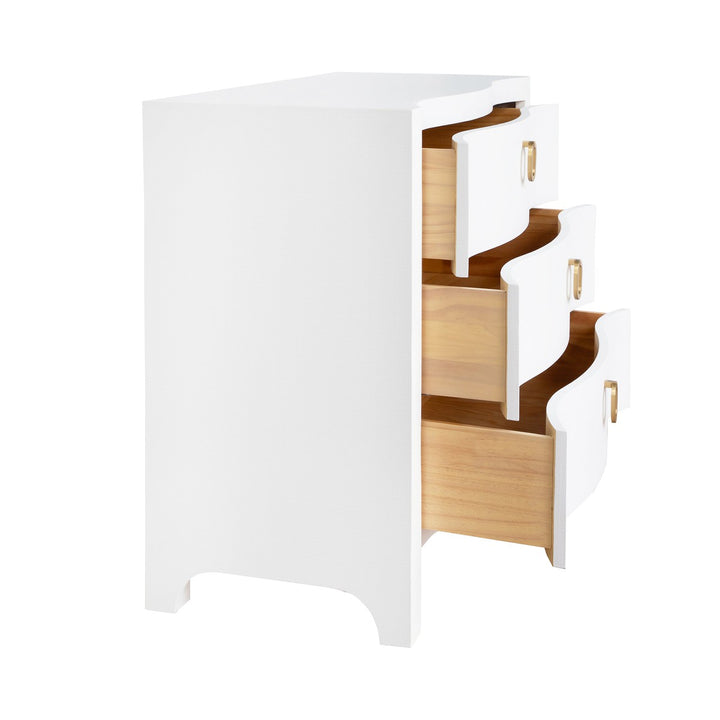 Cora - Curved Front Chest With Three Drawers In White Textured Linen With Satin Brass Ring Hardware