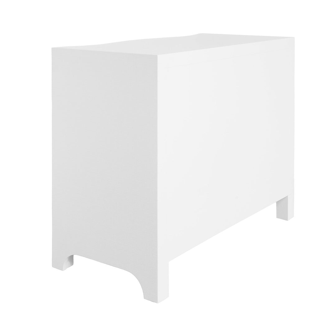 Cora - Curved Front Chest With Three Drawers In White Textured Linen With Satin Brass Ring Hardware