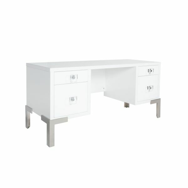 Cosby - Four Drawer Desk In White Lacquer With Nickel Base