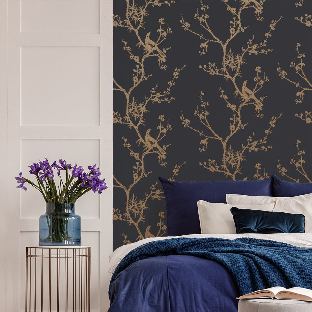 Bird Watching Peel And Stick Wallpaper-Tempaper & Co.-Tempaper-CR448-Wall PaperBlack & Gold-3-France and Son