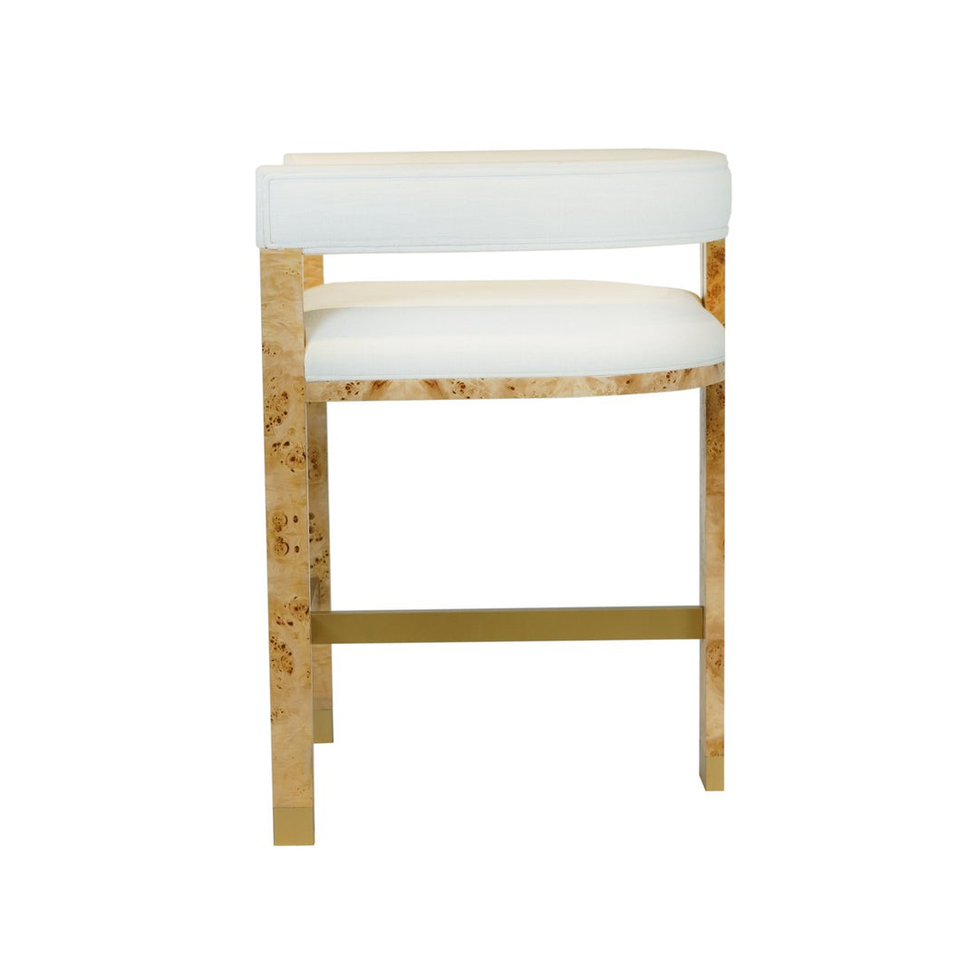 Cruise Counter Stool In Burlwood With White Linen Upholstery