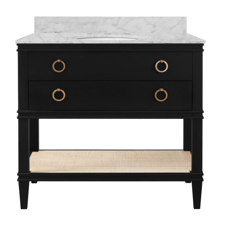 Cutler - Bath Vanity In Matte Black Lacquer With Open Cane Shelf, White Marble Top, Porcelain Sink, And Antique Brass Ring Hardware