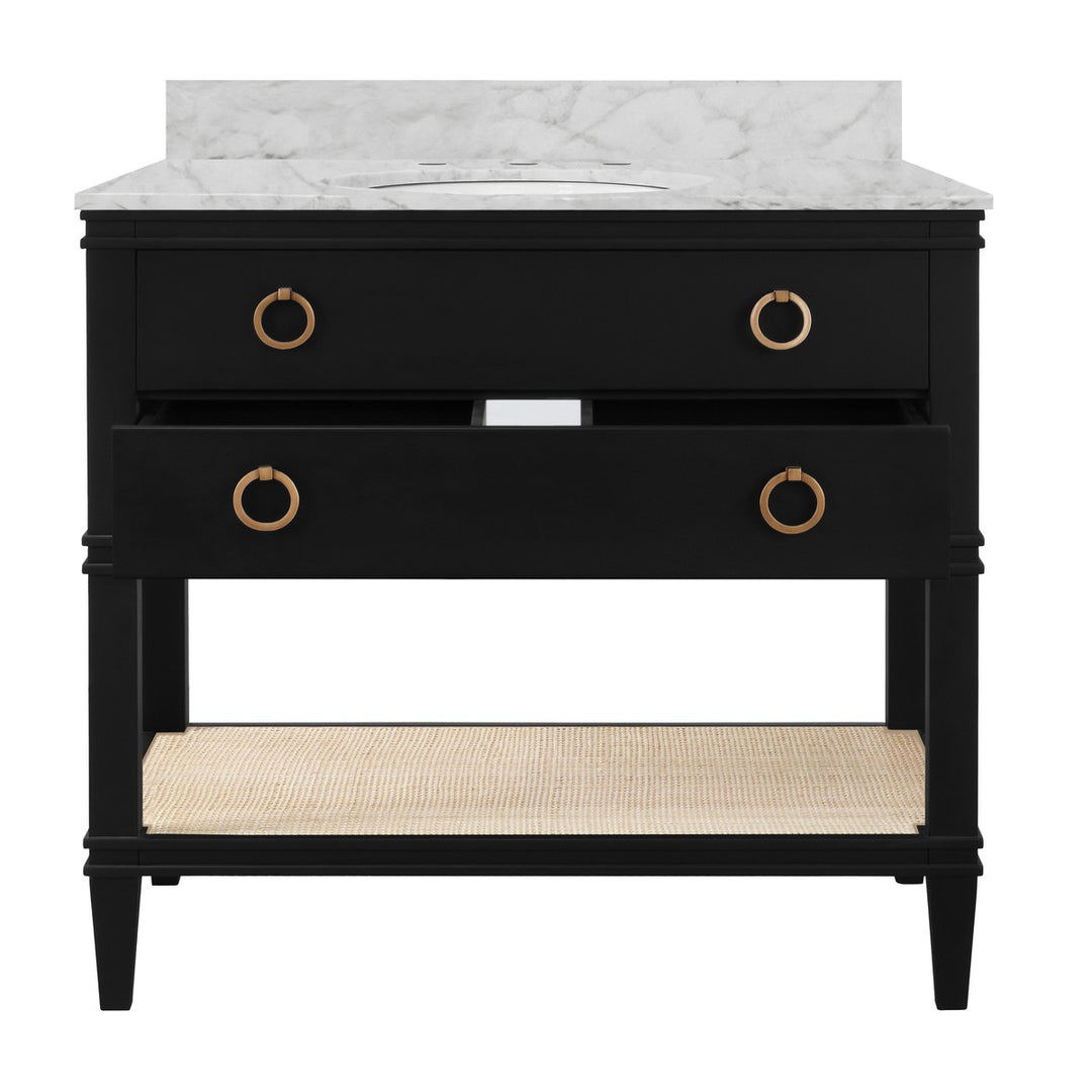 Cutler - Bath Vanity In Matte Black Lacquer With Open Cane Shelf, White Marble Top, Porcelain Sink, And Antique Brass Ring Hardware